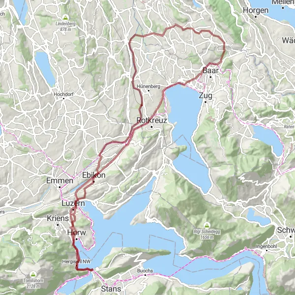 Zemljevid v pomanjšavi "Gravel Utrip Zgodovine" kolesarske inspiracije v Zentralschweiz, Switzerland. Generirano z načrtovalcem kolesarskih poti Tarmacs.app