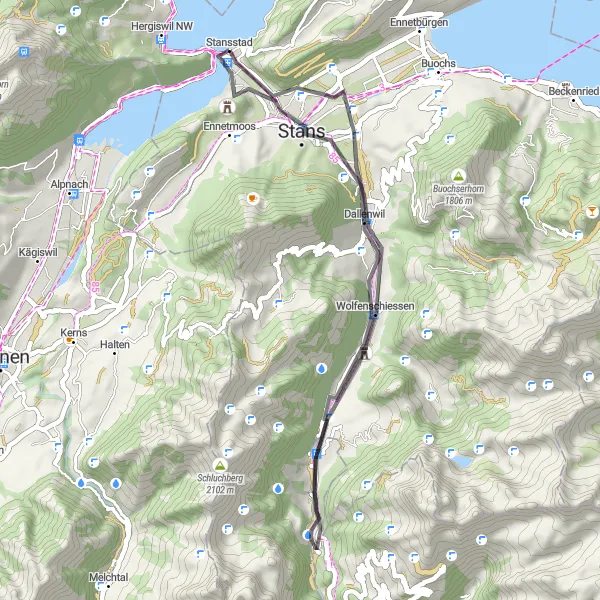 Miniatura della mappa di ispirazione al ciclismo "Percorso in bicicletta su strada da Stansstad" nella regione di Zentralschweiz, Switzerland. Generata da Tarmacs.app, pianificatore di rotte ciclistiche