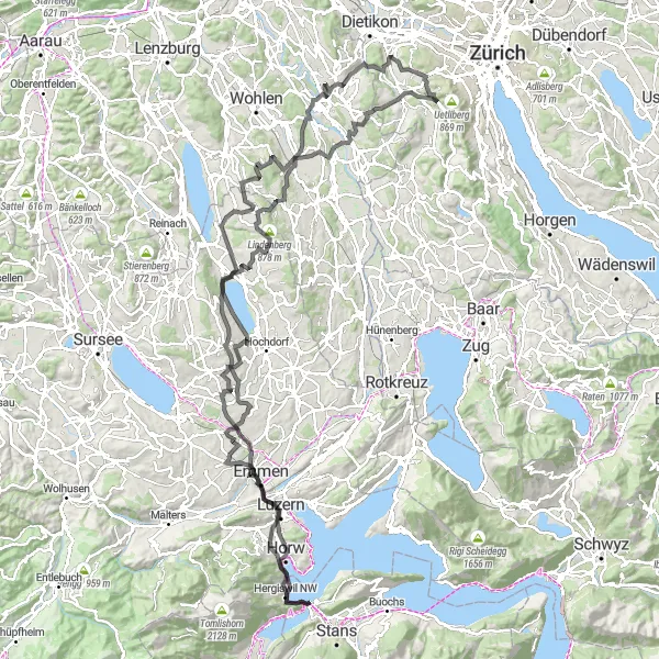 Miniatura della mappa di ispirazione al ciclismo "Sfida Ciclistica Epica da Stansstad" nella regione di Zentralschweiz, Switzerland. Generata da Tarmacs.app, pianificatore di rotte ciclistiche