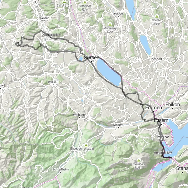 Miniatura della mappa di ispirazione al ciclismo "Giro Stradale Epico da Stansstad" nella regione di Zentralschweiz, Switzerland. Generata da Tarmacs.app, pianificatore di rotte ciclistiche