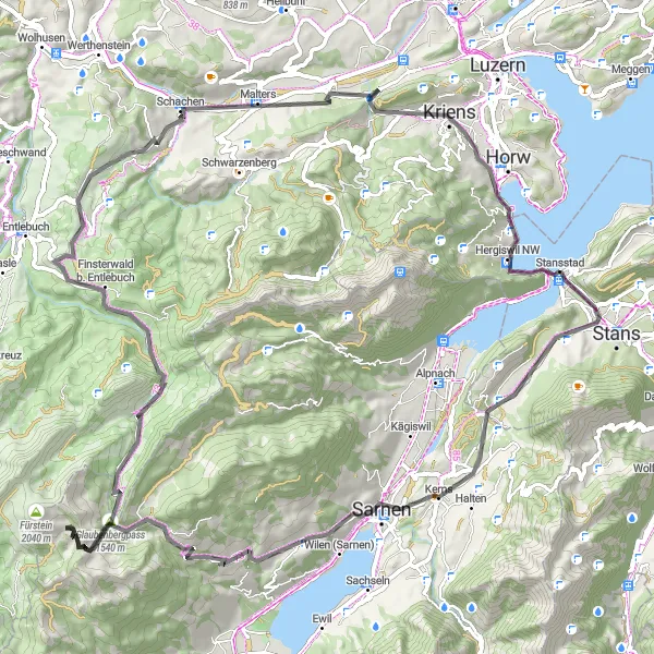 Karten-Miniaturansicht der Radinspiration "Lange Straßenroute um Stansstad" in Zentralschweiz, Switzerland. Erstellt vom Tarmacs.app-Routenplaner für Radtouren