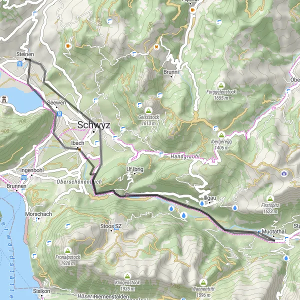Map miniature of "Idyllic Road Cycling Loop around Steinen" cycling inspiration in Zentralschweiz, Switzerland. Generated by Tarmacs.app cycling route planner