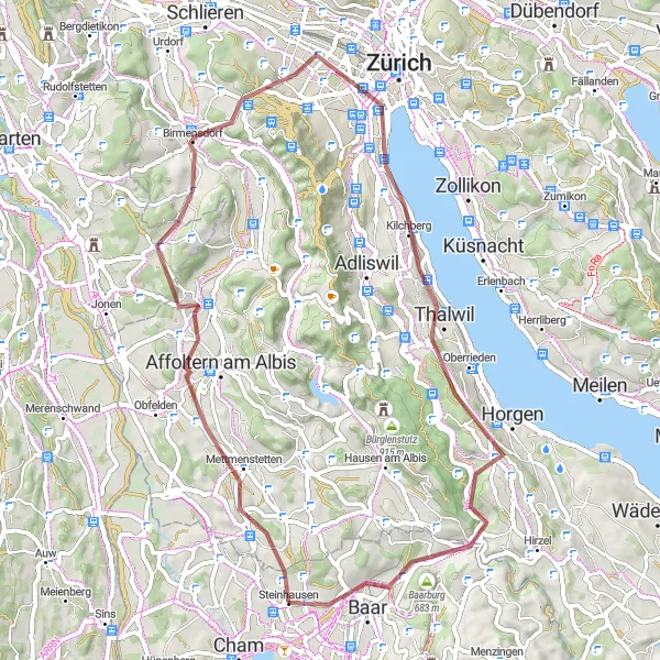 Miniatura della mappa di ispirazione al ciclismo "Pleasant Gravel Route via Knonau and Kilchberg" nella regione di Zentralschweiz, Switzerland. Generata da Tarmacs.app, pianificatore di rotte ciclistiche