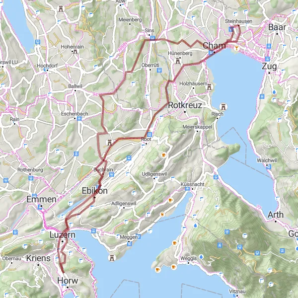 Zemljevid v pomanjšavi "Steinhausen - Sins - Ebikon - Gletschergarten-Turm - Lucerne - Schirmerturm - Hünenberg - Reuss - Steinhausen (65 km)" kolesarske inspiracije v Zentralschweiz, Switzerland. Generirano z načrtovalcem kolesarskih poti Tarmacs.app