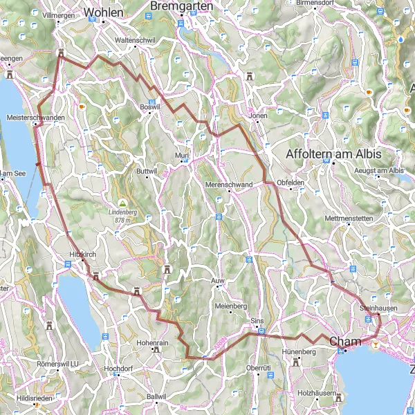 Map miniature of "Gravel Route from Steinhausen to Maschwanden (Extended)" cycling inspiration in Zentralschweiz, Switzerland. Generated by Tarmacs.app cycling route planner