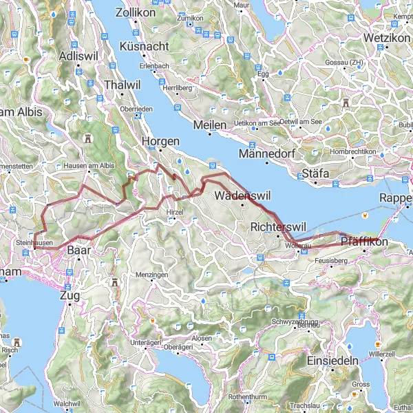 Karttaminiaatyyri "Baar - Islisberg Gravel Adventure" pyöräilyinspiraatiosta alueella Zentralschweiz, Switzerland. Luotu Tarmacs.app pyöräilyreittisuunnittelijalla