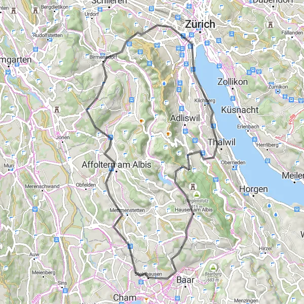 Miniaturekort af cykelinspirationen "Affoltern am Albis Loop" i Zentralschweiz, Switzerland. Genereret af Tarmacs.app cykelruteplanlægger