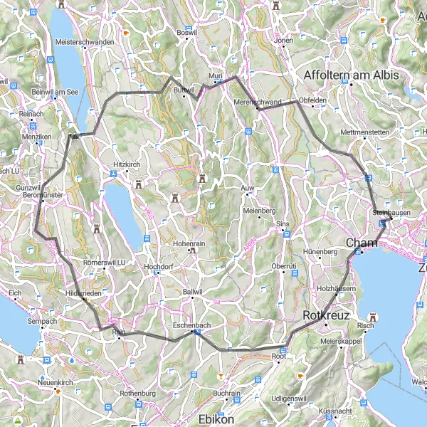 Mapa miniatúra "Okolo Zürichu a Beromünsteru" cyklistická inšpirácia v Zentralschweiz, Switzerland. Vygenerované cyklistickým plánovačom trás Tarmacs.app