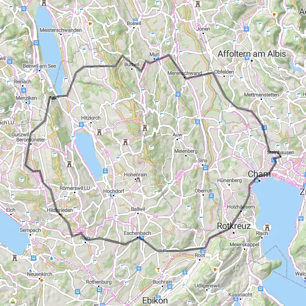 Miniatuurkaart van de fietsinspiratie "Zug Rigi Rondrit" in Zentralschweiz, Switzerland. Gemaakt door de Tarmacs.app fietsrouteplanner