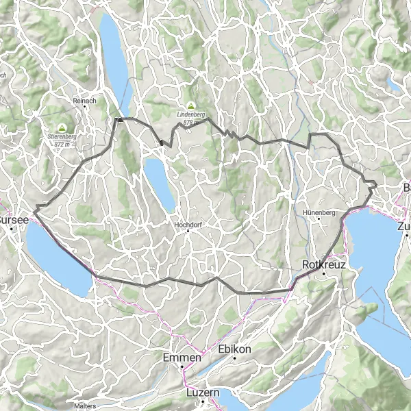 Mapa miniatúra "Road Cycling Adventure near Steinhausen" cyklistická inšpirácia v Zentralschweiz, Switzerland. Vygenerované cyklistickým plánovačom trás Tarmacs.app