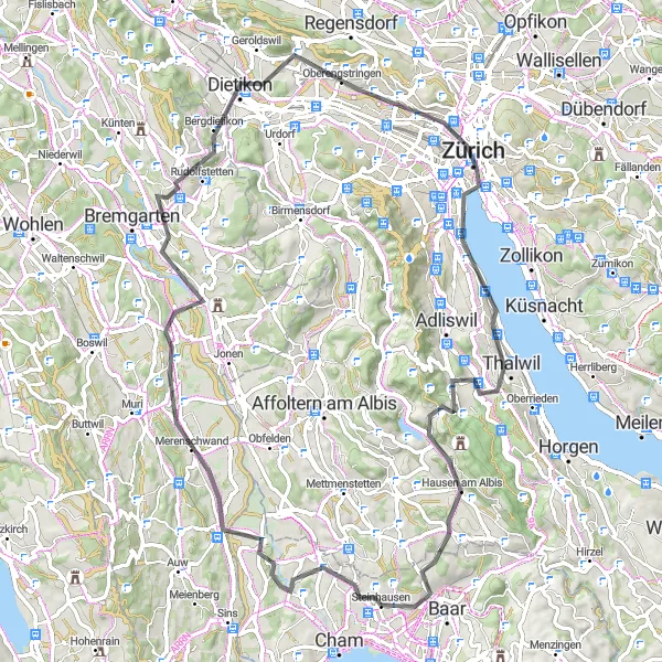 Zemljevid v pomanjšavi "Steinhausen - Merenschwand - Mutschellenpass - Dietikon - Chäferberg - Zurich - Thalwil - Rothirsch - Kappel am Albis - Steinhausen (80 km)" kolesarske inspiracije v Zentralschweiz, Switzerland. Generirano z načrtovalcem kolesarskih poti Tarmacs.app
