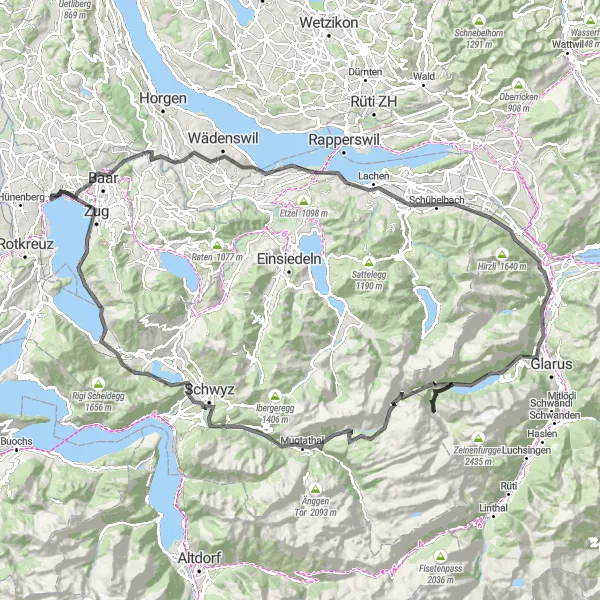 Map miniature of "Baar to Guggi Circuit" cycling inspiration in Zentralschweiz, Switzerland. Generated by Tarmacs.app cycling route planner