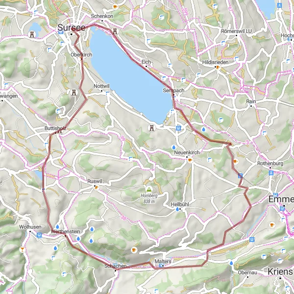 Miniatua del mapa de inspiración ciclista "Aventura en Grava: Sursee - Oberkirch" en Zentralschweiz, Switzerland. Generado por Tarmacs.app planificador de rutas ciclistas