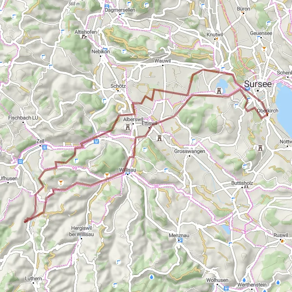 Miniaturní mapa "Gravelový výlet okolo Sursee" inspirace pro cyklisty v oblasti Zentralschweiz, Switzerland. Vytvořeno pomocí plánovače tras Tarmacs.app