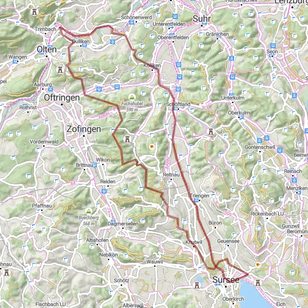 Miniaturní mapa "Cyklistický okruh gravel kolem Sursee - Schenkon - Wiliberg - Känzeli - Dulliken - Kölliken - Triengen - Sursee" inspirace pro cyklisty v oblasti Zentralschweiz, Switzerland. Vytvořeno pomocí plánovače tras Tarmacs.app