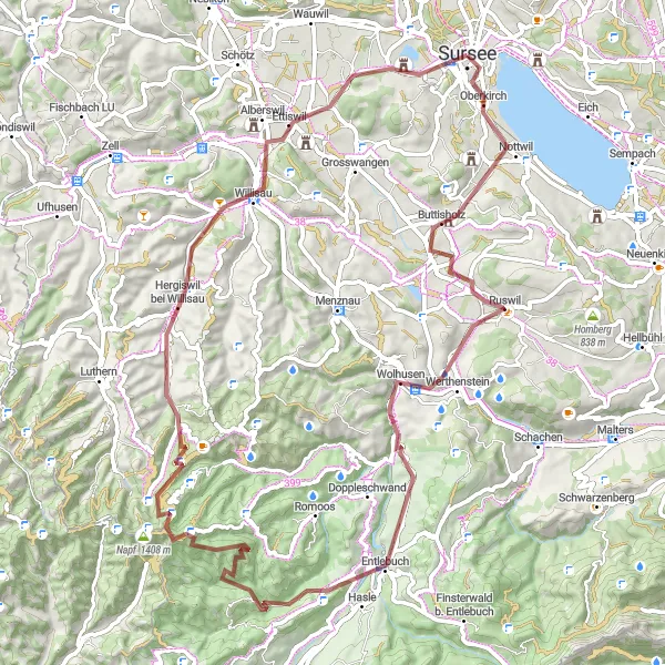 Zemljevid v pomanjšavi "Gravel Sursee - Alberswil - Bognau" kolesarske inspiracije v Zentralschweiz, Switzerland. Generirano z načrtovalcem kolesarskih poti Tarmacs.app