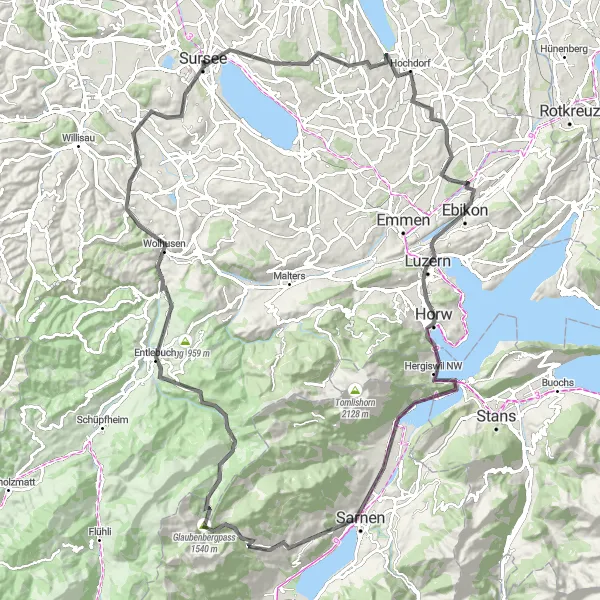 Zemljevid v pomanjšavi "Ultimate Road Cycling Challenge in Zentralschweiz" kolesarske inspiracije v Zentralschweiz, Switzerland. Generirano z načrtovalcem kolesarskih poti Tarmacs.app