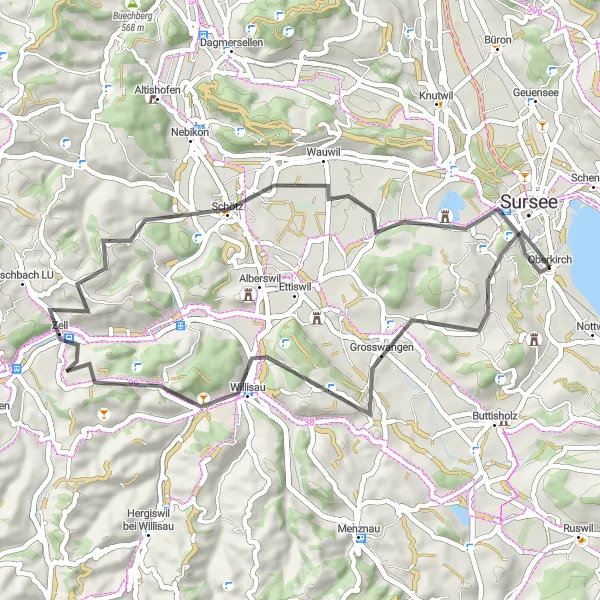 Map miniature of "The Sursee Scenic Loop" cycling inspiration in Zentralschweiz, Switzerland. Generated by Tarmacs.app cycling route planner