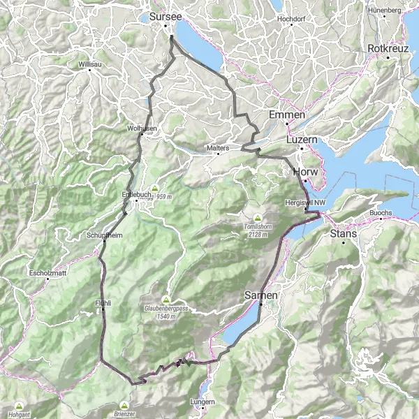 Miniaturní mapa "Z okolí Sursee skrz Zentralschweiz na 121 km" inspirace pro cyklisty v oblasti Zentralschweiz, Switzerland. Vytvořeno pomocí plánovače tras Tarmacs.app