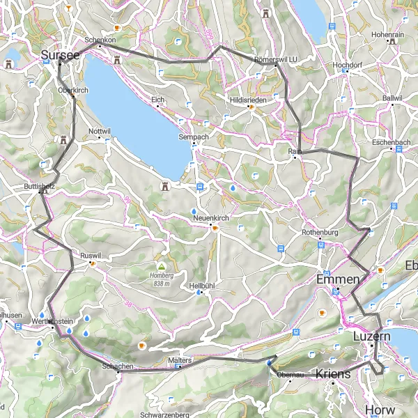 Miniaturní mapa "Okruh kolem Sursee - Schenkon - Rain - Gletschergarten-Turm - Kriens - Malters - Werthenstein - Oberkirch" inspirace pro cyklisty v oblasti Zentralschweiz, Switzerland. Vytvořeno pomocí plánovače tras Tarmacs.app