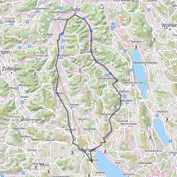 Miniaturní mapa "Okruh kolem Sursee - Attelwil - Suhrechopf - Gränichen - Rickenbach LU - Schenkon" inspirace pro cyklisty v oblasti Zentralschweiz, Switzerland. Vytvořeno pomocí plánovače tras Tarmacs.app