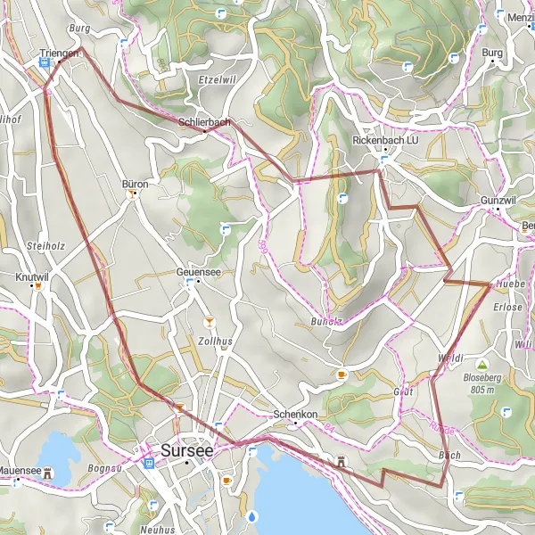 Miniatura della mappa di ispirazione al ciclismo "Rotta ciclabile da Triengen a Sursee" nella regione di Zentralschweiz, Switzerland. Generata da Tarmacs.app, pianificatore di rotte ciclistiche