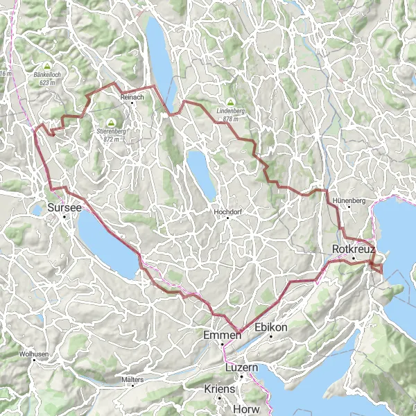 Miniature de la carte de l'inspiration cycliste "La Boucle Gravel du Lac de Sempach" dans la Zentralschweiz, Switzerland. Générée par le planificateur d'itinéraire cycliste Tarmacs.app