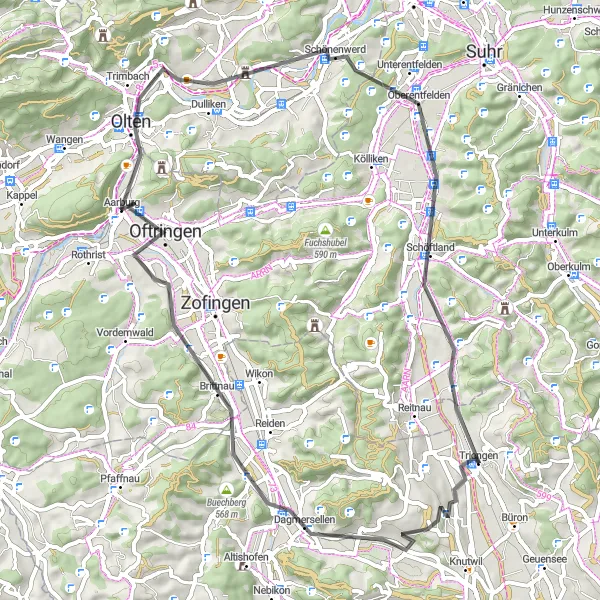 Miniatura della mappa di ispirazione al ciclismo "Giro panoramico da Triengen a Moosleerau" nella regione di Zentralschweiz, Switzerland. Generata da Tarmacs.app, pianificatore di rotte ciclistiche