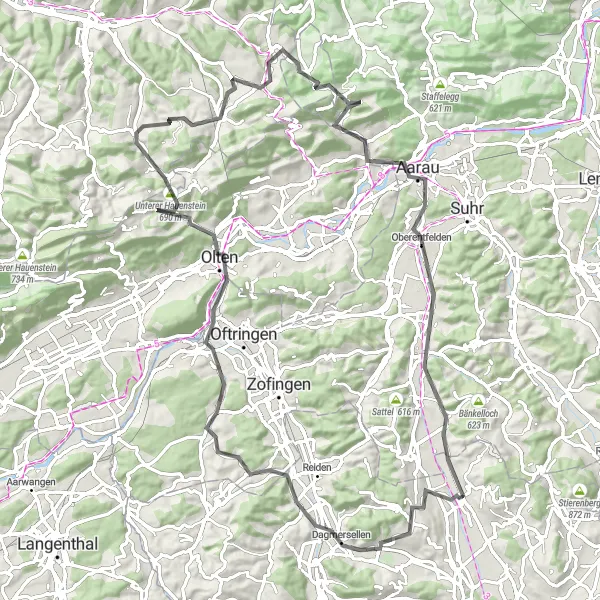Miniatura della mappa di ispirazione al ciclismo "Avventurosa pedalata da Triengen a Aarau" nella regione di Zentralschweiz, Switzerland. Generata da Tarmacs.app, pianificatore di rotte ciclistiche