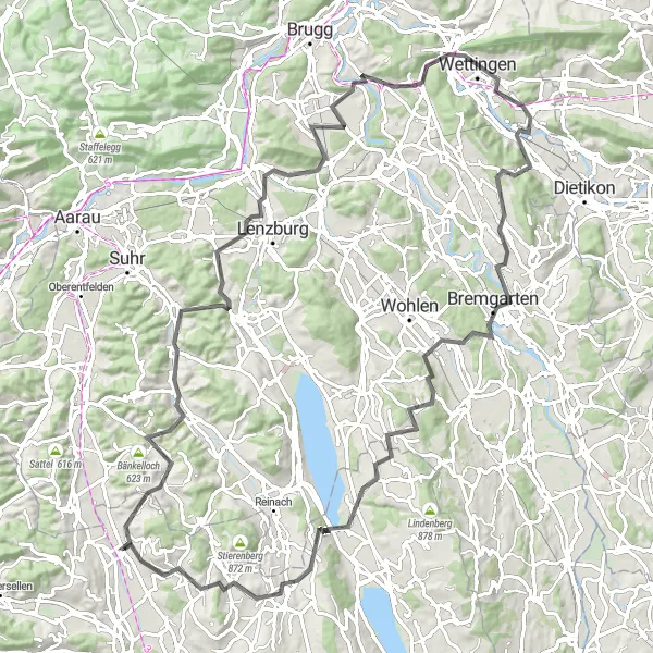 Miniature de la carte de l'inspiration cycliste "Le Tour des Collines Badenoises" dans la Zentralschweiz, Switzerland. Générée par le planificateur d'itinéraire cycliste Tarmacs.app