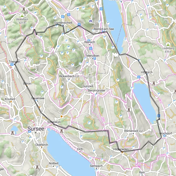 Mapa miniatúra "Okolo Triengenu cez Schmiedrued a Hildisrieden" cyklistická inšpirácia v Zentralschweiz, Switzerland. Vygenerované cyklistickým plánovačom trás Tarmacs.app