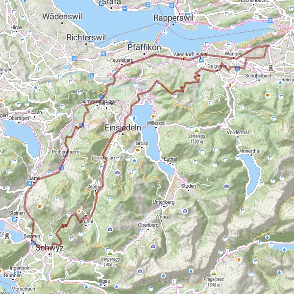 Karttaminiaatyyri "Tuggen - Schwyz - Kloster Einsiedeln - Tuggen" pyöräilyinspiraatiosta alueella Zentralschweiz, Switzerland. Luotu Tarmacs.app pyöräilyreittisuunnittelijalla