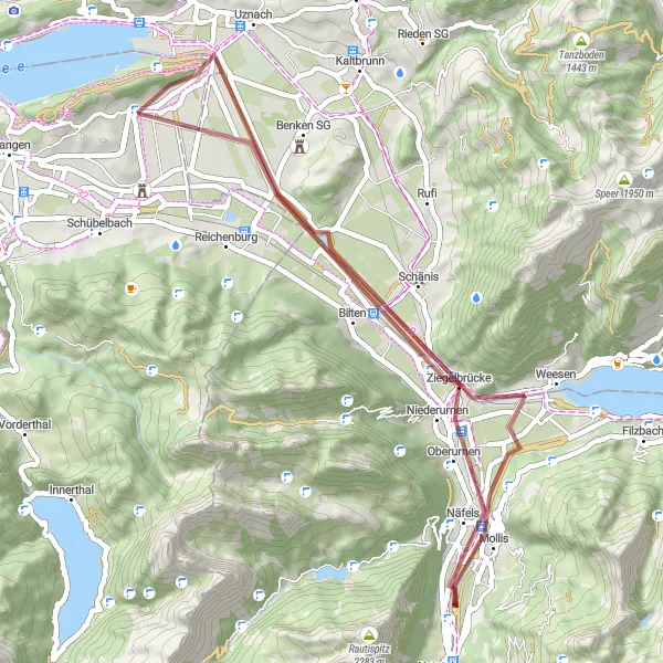 Miniature de la carte de l'inspiration cycliste "Boucle à Tuggen via Benkner Büchel et Burgruine Niederwindegg" dans la Zentralschweiz, Switzerland. Générée par le planificateur d'itinéraire cycliste Tarmacs.app