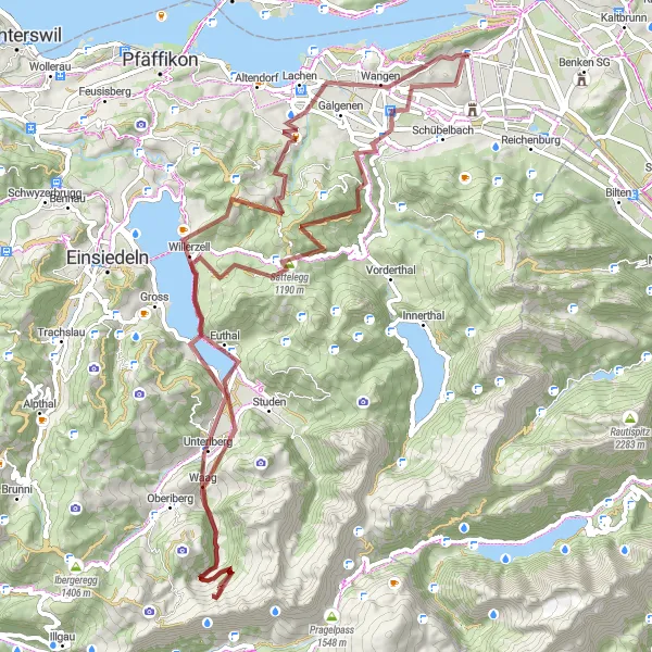 Miniature de la carte de l'inspiration cycliste "Tour du lac de Zurich et tour de Sattelegg de Tuggen" dans la Zentralschweiz, Switzerland. Générée par le planificateur d'itinéraire cycliste Tarmacs.app