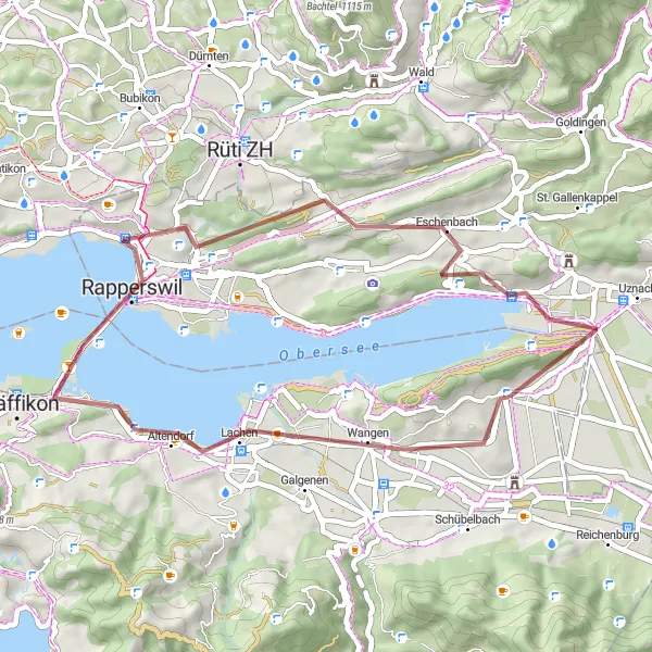 Miniatura della mappa di ispirazione al ciclismo "Percorso in bicicletta gravel tra Lachner Aahorn Turm e Schmerikon" nella regione di Zentralschweiz, Switzerland. Generata da Tarmacs.app, pianificatore di rotte ciclistiche