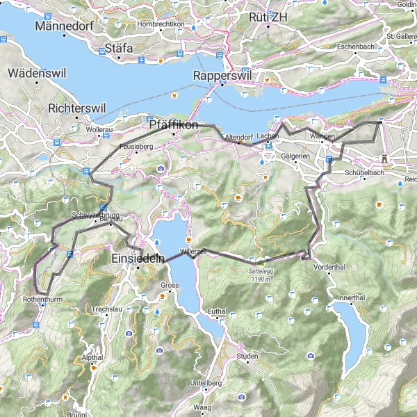 Miniatura della mappa di ispirazione al ciclismo "Giro in bici da Tuggen a Siebnen e ritorno" nella regione di Zentralschweiz, Switzerland. Generata da Tarmacs.app, pianificatore di rotte ciclistiche