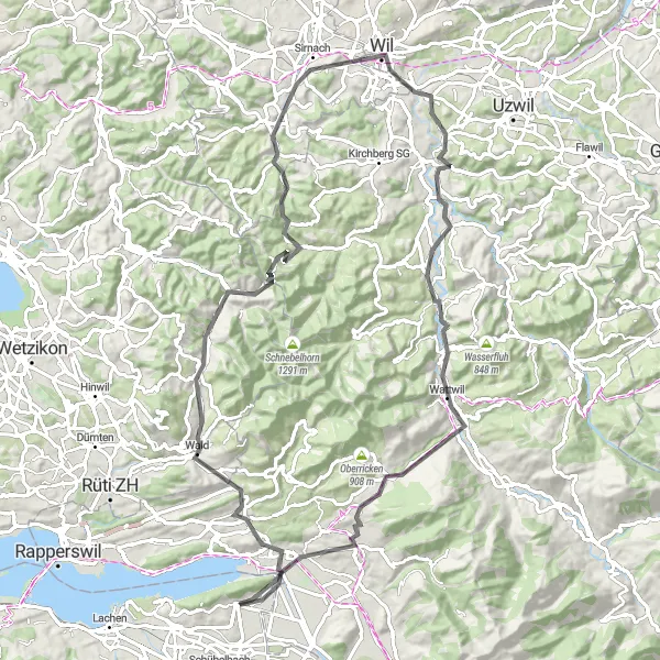 Zemljevid v pomanjšavi "Od Walda do Lichtensteiga" kolesarske inspiracije v Zentralschweiz, Switzerland. Generirano z načrtovalcem kolesarskih poti Tarmacs.app