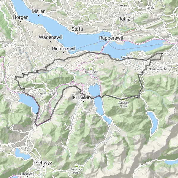Mapa miniatúra "Road cez Sattelegg a Ägerisee" cyklistická inšpirácia v Zentralschweiz, Switzerland. Vygenerované cyklistickým plánovačom trás Tarmacs.app
