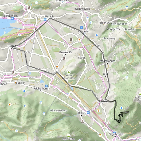 Karttaminiaatyyri "Tuggen - Schänis Loop" pyöräilyinspiraatiosta alueella Zentralschweiz, Switzerland. Luotu Tarmacs.app pyöräilyreittisuunnittelijalla