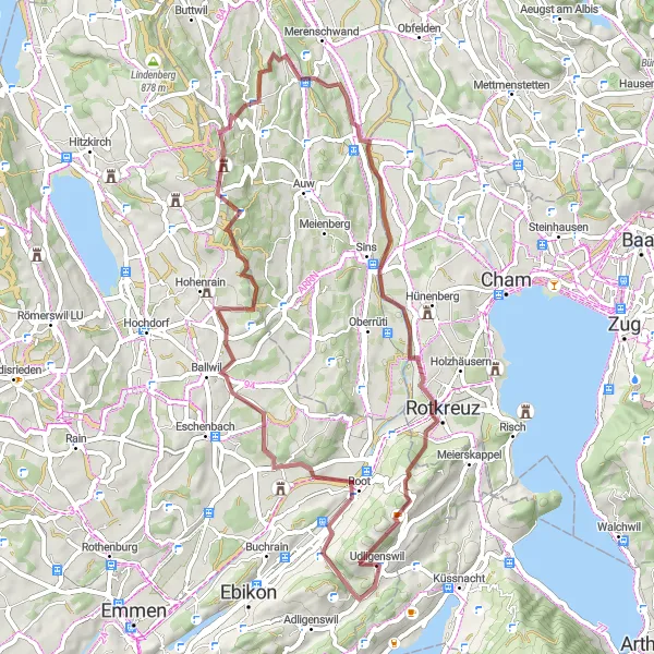 Miniatura della mappa di ispirazione al ciclismo "Percorso ciclistico sterrato da Udligenswil a Sins" nella regione di Zentralschweiz, Switzerland. Generata da Tarmacs.app, pianificatore di rotte ciclistiche