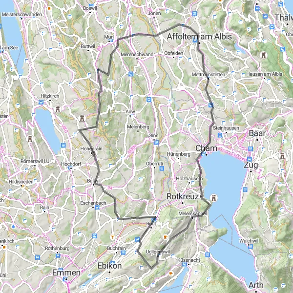 Miniatura della mappa di ispirazione al ciclismo "Esplora Affoltern am Albis e Michelskreuz in bicicletta" nella regione di Zentralschweiz, Switzerland. Generata da Tarmacs.app, pianificatore di rotte ciclistiche