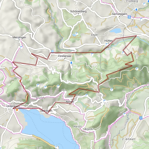 Zemljevid v pomanjšavi "Kolesarska pot okoli Unterägerija - makadam" kolesarske inspiracije v Zentralschweiz, Switzerland. Generirano z načrtovalcem kolesarskih poti Tarmacs.app