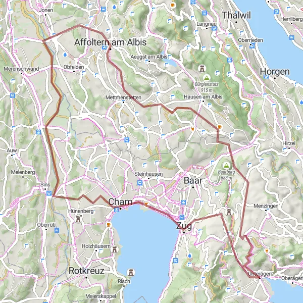 Miniatua del mapa de inspiración ciclista "Ruta de Ciclismo de Grava alrededor de Unterägeri" en Zentralschweiz, Switzerland. Generado por Tarmacs.app planificador de rutas ciclistas