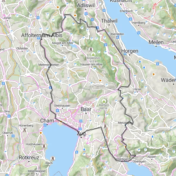 Miniatura della mappa di ispirazione al ciclismo "Il Giro dei laghi di Zugo e Albis" nella regione di Zentralschweiz, Switzerland. Generata da Tarmacs.app, pianificatore di rotte ciclistiche