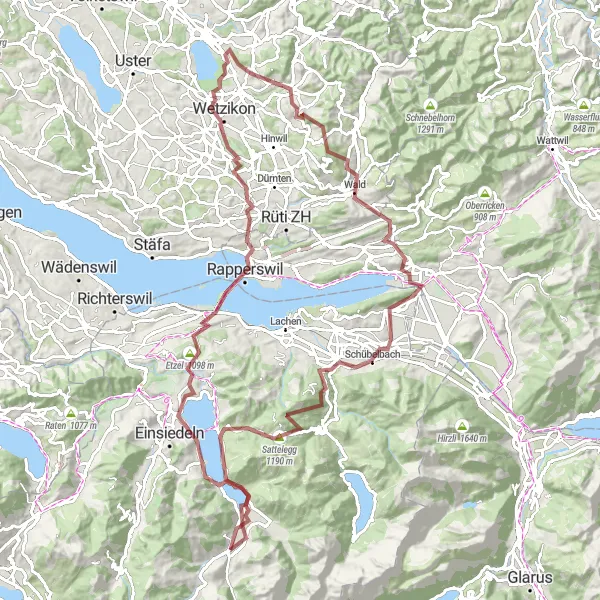 Miniatura della mappa di ispirazione al ciclismo "Avventuroso tour in bicicletta da Unteriberg a Sattelegg" nella regione di Zentralschweiz, Switzerland. Generata da Tarmacs.app, pianificatore di rotte ciclistiche