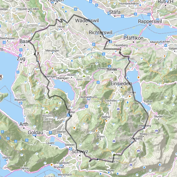 Karttaminiaatyyri "Maantie Pyöräilyreitti Alkaen Unteriberg" pyöräilyinspiraatiosta alueella Zentralschweiz, Switzerland. Luotu Tarmacs.app pyöräilyreittisuunnittelijalla