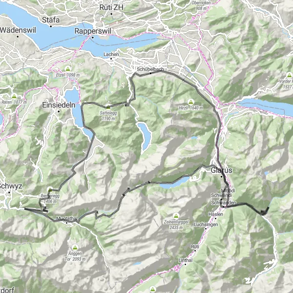 Miniatua del mapa de inspiración ciclista "Ruta Épica en Carretera de 140km a partir de Unteriberg" en Zentralschweiz, Switzerland. Generado por Tarmacs.app planificador de rutas ciclistas
