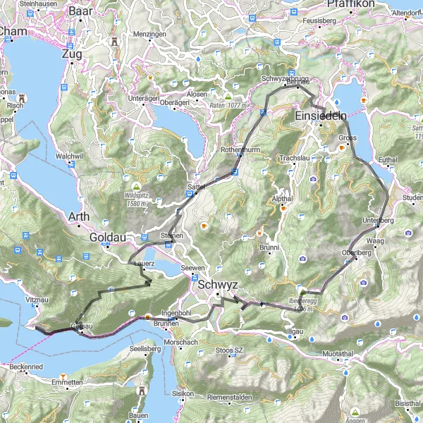 Miniatua del mapa de inspiración ciclista "Ruta en Carretera de 90km desde Unteriberg" en Zentralschweiz, Switzerland. Generado por Tarmacs.app planificador de rutas ciclistas