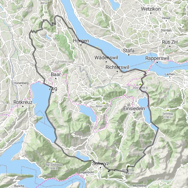 Miniatua del mapa de inspiración ciclista "Ruta de Carretera a Zug y Schwyz" en Zentralschweiz, Switzerland. Generado por Tarmacs.app planificador de rutas ciclistas