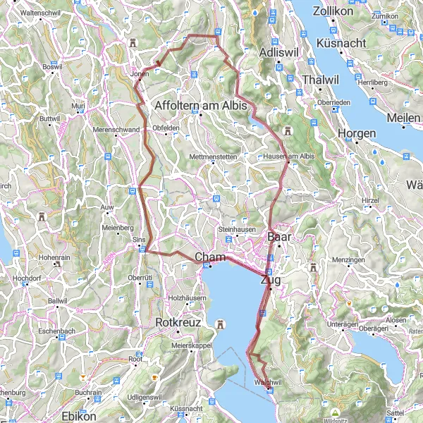 Karttaminiaatyyri "Walchwil - Baar - Walchwil" pyöräilyinspiraatiosta alueella Zentralschweiz, Switzerland. Luotu Tarmacs.app pyöräilyreittisuunnittelijalla